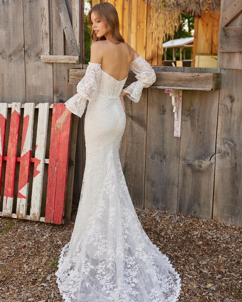Lp2227 strapless boho wedding dress with lace and sheath silhouette2